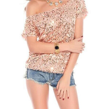 Schulter T-Shirt Damen | Pailletten Glitzer | Off Shoulder | Bequem & auffällig-Rosa-Luzern Mode