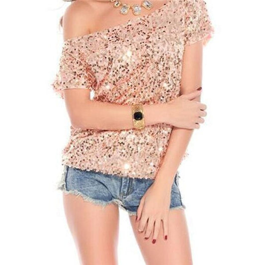 Schulter T-Shirt Damen | Pailletten Glitzer | Off Shoulder | Bequem & auffällig-Rosa-Luzern Mode