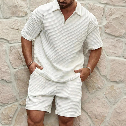 Sommer Set Herren | Waffelstruktur | Atmungsaktiv & weich | Reißverschluss | Trend-Weiß-S-Luzern Mode