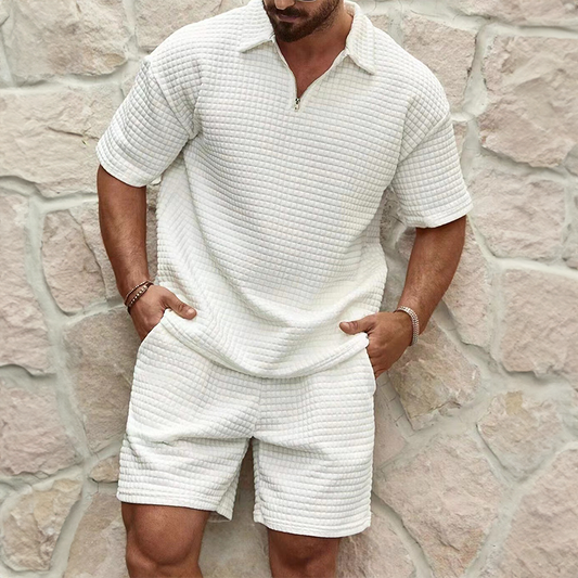 Sommer Set Herren | Waffelstruktur | Atmungsaktiv & weich | Reißverschluss | Trend-Weiß-S-Luzern Mode