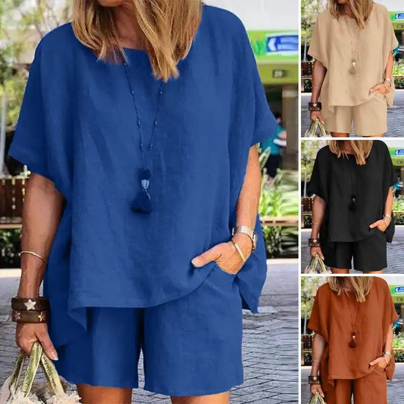 Leinen Set Damen zweiteilig | Shirt kurzarm | Shorts weit | atmungsaktiv | leicht-Luzern Mode