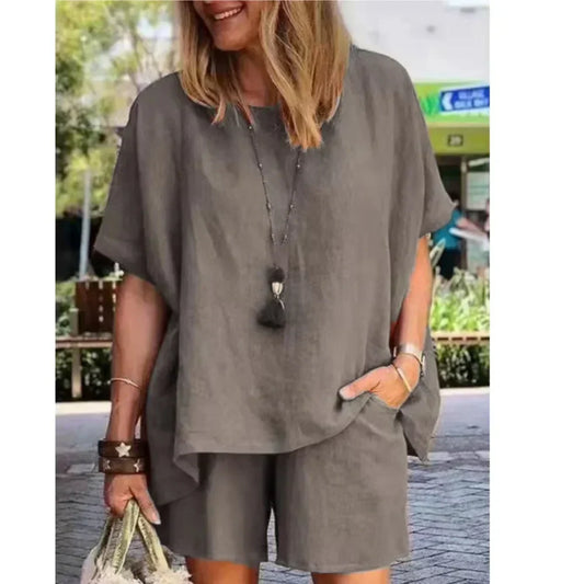 Leinen Set Damen zweiteilig | Shirt kurzarm | Shorts weit | atmungsaktiv | leicht-Grau-S-Luzern Mode