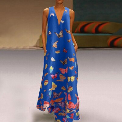 Luftiges Sommerkleid Damen | Maxi | Schmetterlingsprint | Farbenfroh | Ärmellos-Blau-S-Luzern Mode