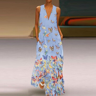 Luftiges Sommerkleid Damen | Maxi | Schmetterlingsprint | Farbenfroh | Ärmellos-Hellblau-S-Luzern Mode