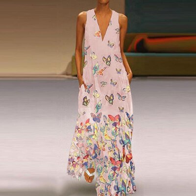 Luftiges Sommerkleid Damen | Maxi | Schmetterlingsprint | Farbenfroh | Ärmellos-Rosa-S-Luzern Mode
