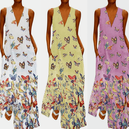 Luftiges Sommerkleid Damen | Maxi | Schmetterlingsprint | Farbenfroh | Ärmellos-Luzern Mode