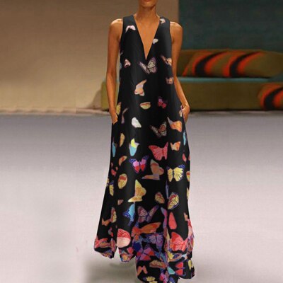 Luftiges Sommerkleid Damen | Maxi | Schmetterlingsprint | Farbenfroh | Ärmellos-Luzern Mode