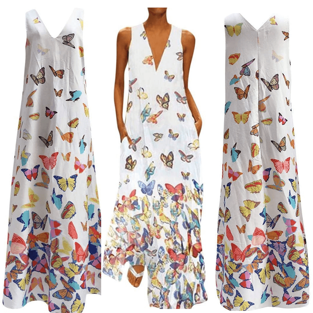 Luftiges Sommerkleid Damen | Maxi | Schmetterlingsprint | Farbenfroh | Ärmellos-Weiß-S-Luzern Mode