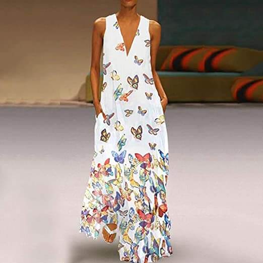Luftiges Sommerkleid Damen | Maxi | Schmetterlingsprint | Farbenfroh | Ärmellos-Luzern Mode