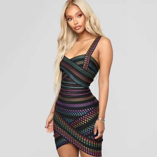 Sexy Minikleid Damen | Gestreift | Sommerkleid | Stretch | Party Outfit-S-Luzern Mode