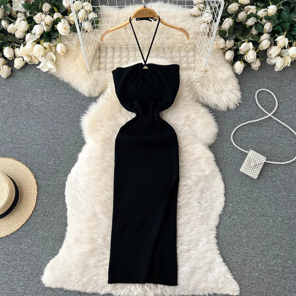 Maxikleid Damen | rückenfrei | Seitenschlitz | figurbetont | Strick | Einheitsgröße-Luzern Mode