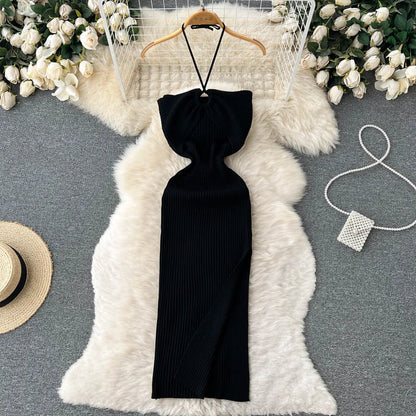Maxikleid Damen | rückenfrei | Seitenschlitz | figurbetont | Strick | Einheitsgröße-Luzern Mode