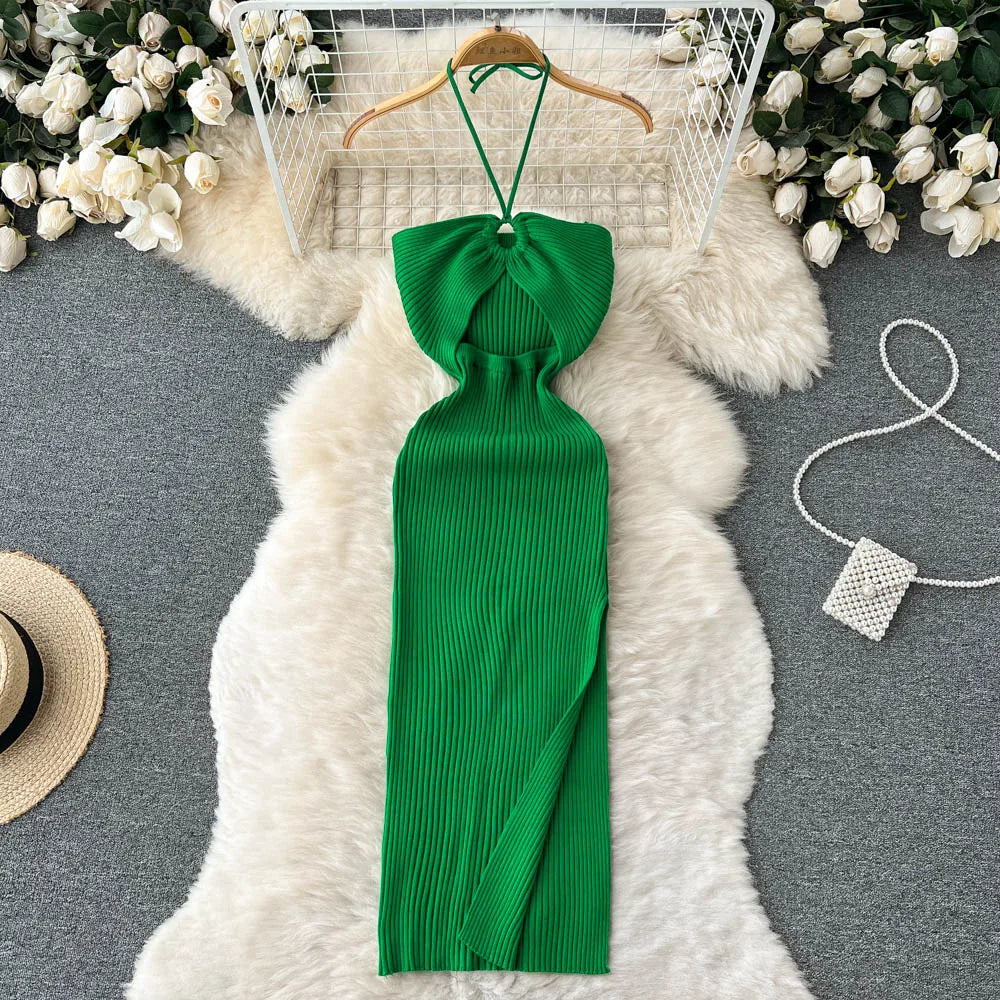 Maxikleid Damen | rückenfrei | Seitenschlitz | figurbetont | Strick | Einheitsgröße-Luzern Mode
