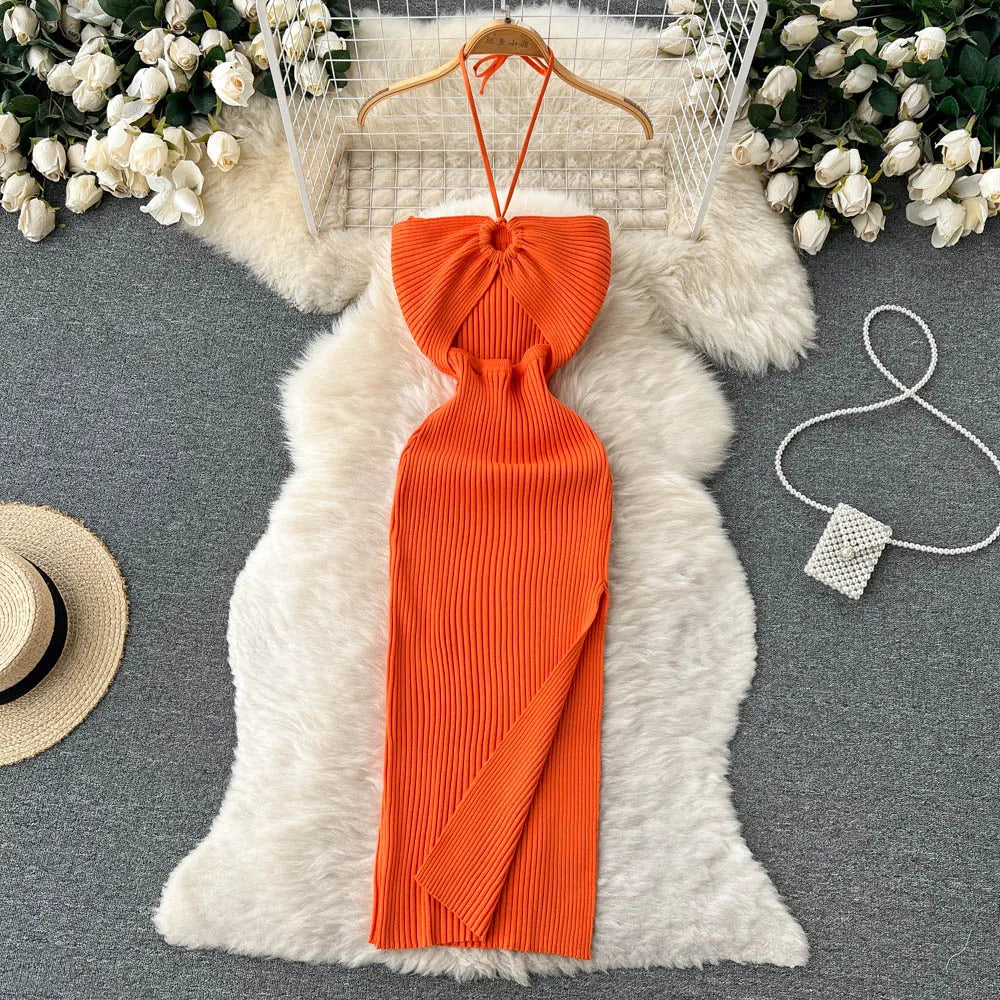 Maxikleid Damen | rückenfrei | Seitenschlitz | figurbetont | Strick | Einheitsgröße-Luzern Mode