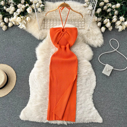 Maxikleid Damen | rückenfrei | Seitenschlitz | figurbetont | Strick | Einheitsgröße-Luzern Mode