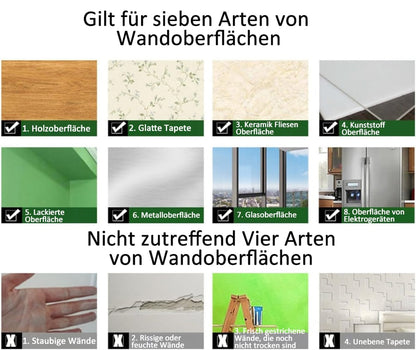 Übersicht mit Beispielfotos von Wandoberflächen: oben geeignete wie Holz, Tapete, Fliesen und Glas, unten ungeeignete wie staubige oder rissige Wände. 5