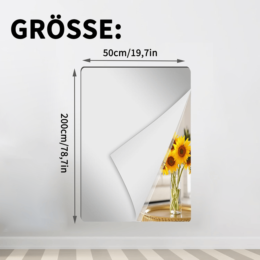 Sehr hohe rechteckige Spiegelfolie an einer Wand mit abgelöster Ecke und Sonnenblumen, mit Maßpfeilen für die längste Variante. 13