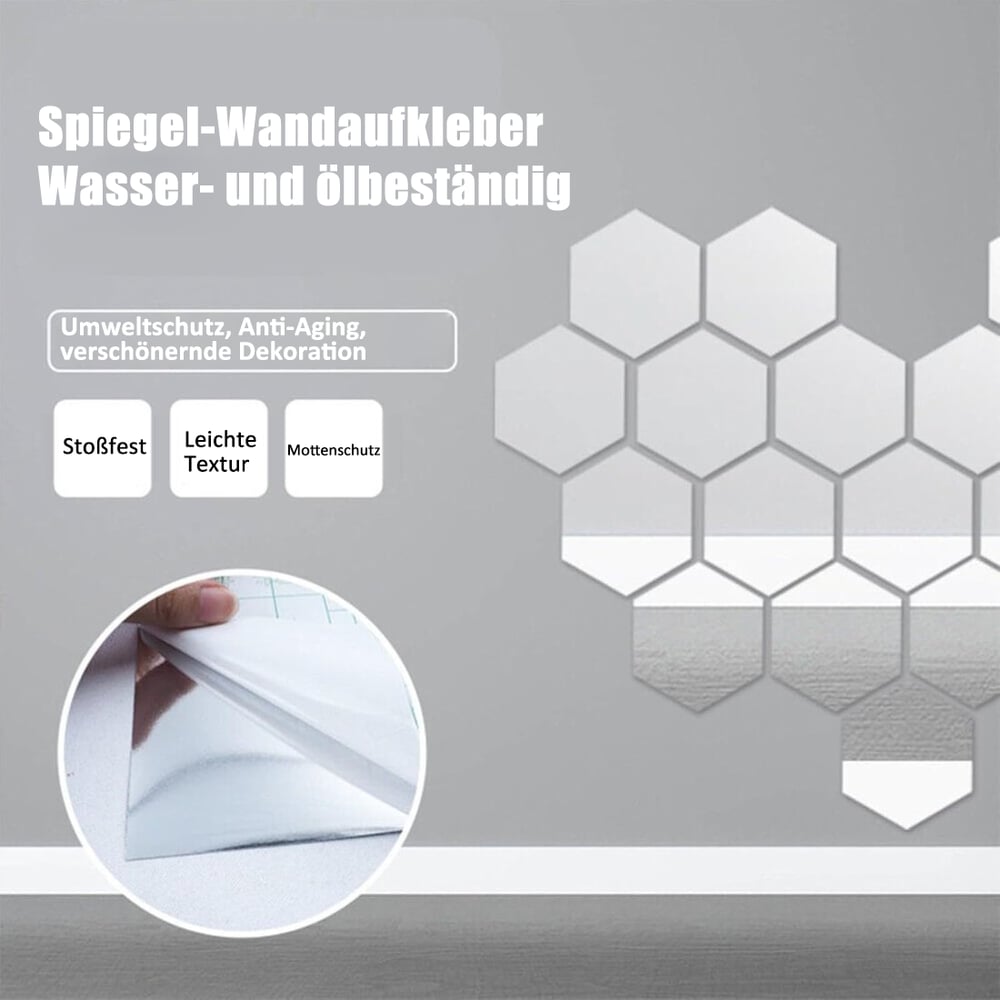 Sechseckige Spiegelaufkleber an einer grauen Wand, in einem Kreis ein Finger, der die Trägerschicht von der Spiegelfläche abzieht. 4
