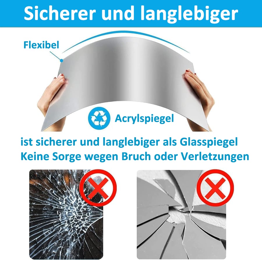 Zwei Hände biegen eine flexible Acrylspiegel-Folie; darunter zwei Fotos zersplitterter Glasspiegel, die als Vergleich durchgestrichen sind. 7