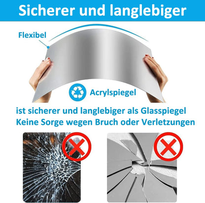 Zwei Hände biegen eine flexible Acrylspiegel-Folie; darunter zwei Fotos zersplitterter Glasspiegel, die als Vergleich durchgestrichen sind. 7