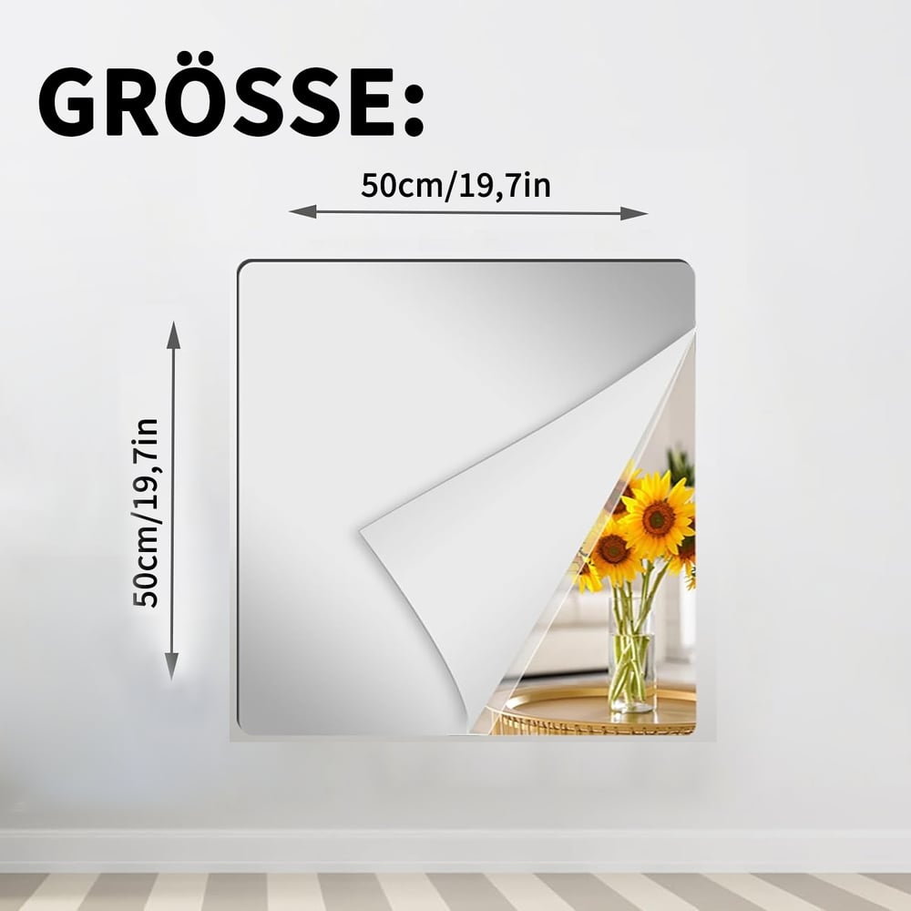 Quadratische Spiegelfolie an einer weißen Wand mit abgelöster Ecke, die Sonnenblumen spiegelt, mit Maßpfeilen für die Größe. 11