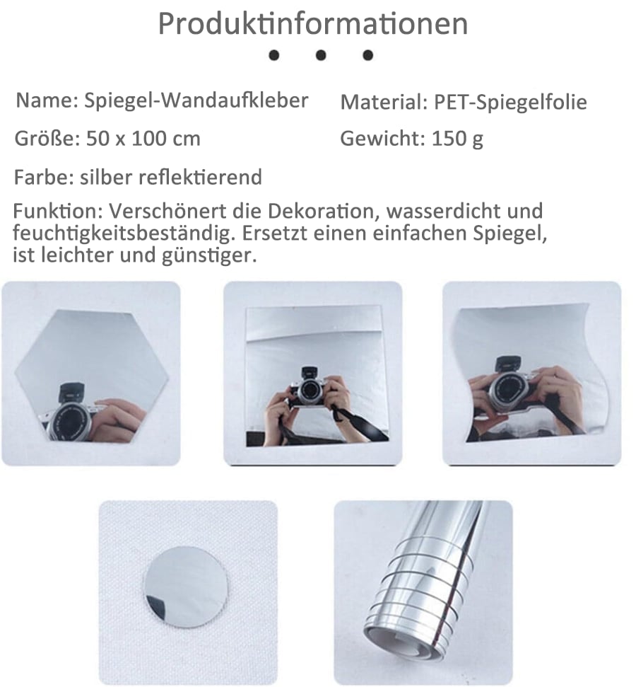 Produktinformationstafel mit Spiegelbildern von Kamera und Händen in sechseckiger, quadratischer und gewellter Form sowie Spiegelfolienrolle und rundem Aufklebe 8