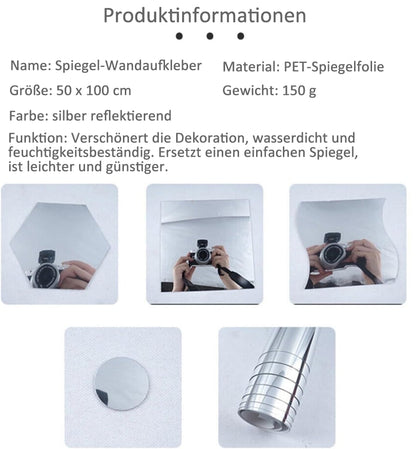 Produktinformationstafel mit Spiegelbildern von Kamera und Händen in sechseckiger, quadratischer und gewellter Form sowie Spiegelfolienrolle und rundem Aufklebe 8