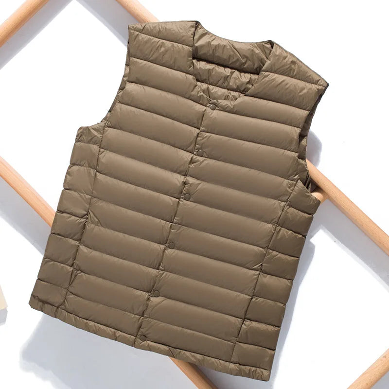 Herren Daunenweste | Ärmellos | Knopfverschluss | Einfarbig | Leicht-Braun-S-Luzern Mode