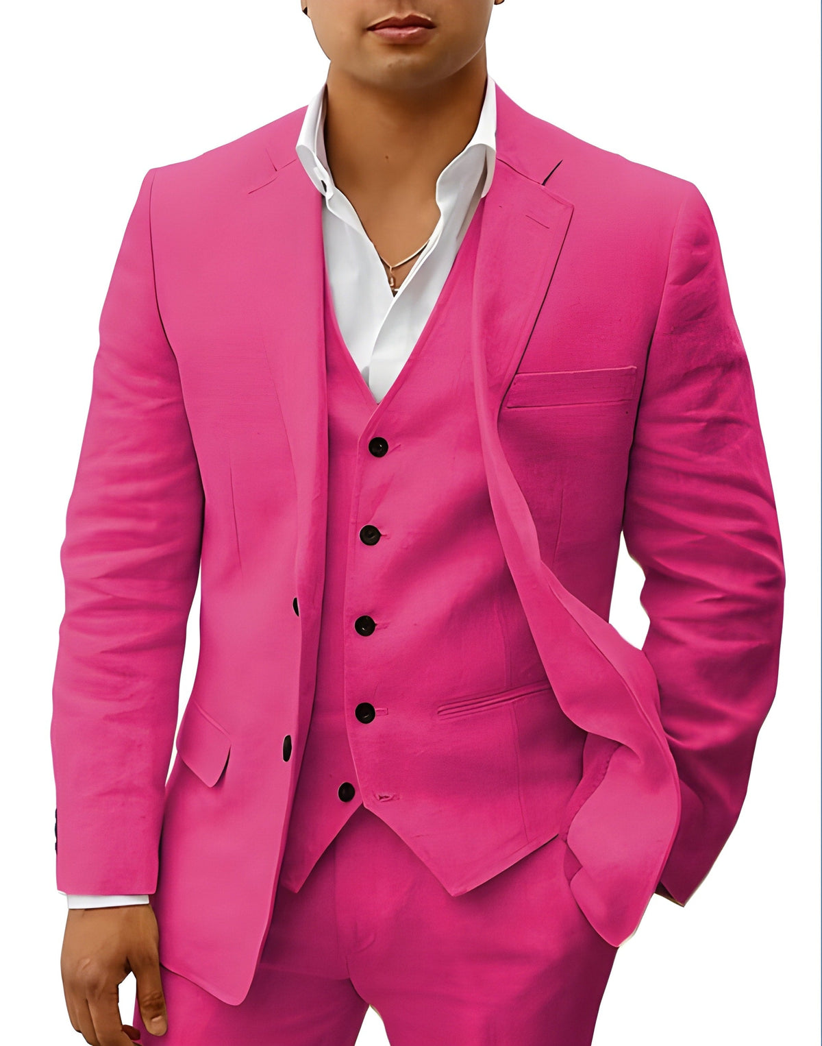 Dreiteiliger Anzug in knalligem Pink mit schwarzen Knöpfen, getragen mit weißem Hemd. 12