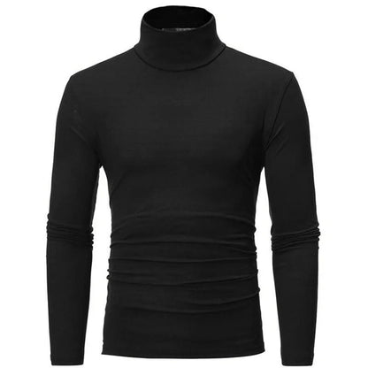 Schwarzes Langarmshirt mit Stehkragen in der Frontansicht, flach auf weißem Hintergrund 1