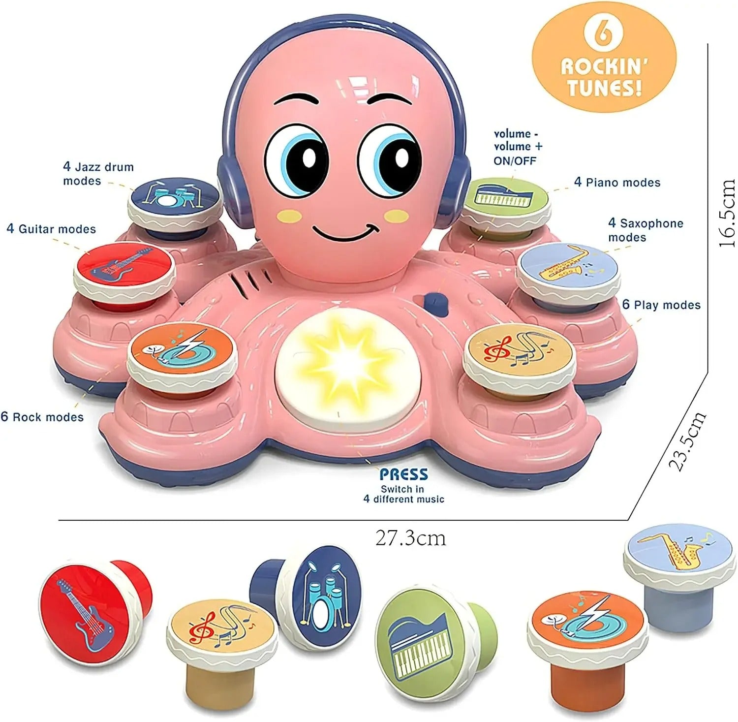 Spielzeug-Oktopus mit Musikmodulen, rosa, interaktiv, 6 Modi, Kinder-Musikinstrument.