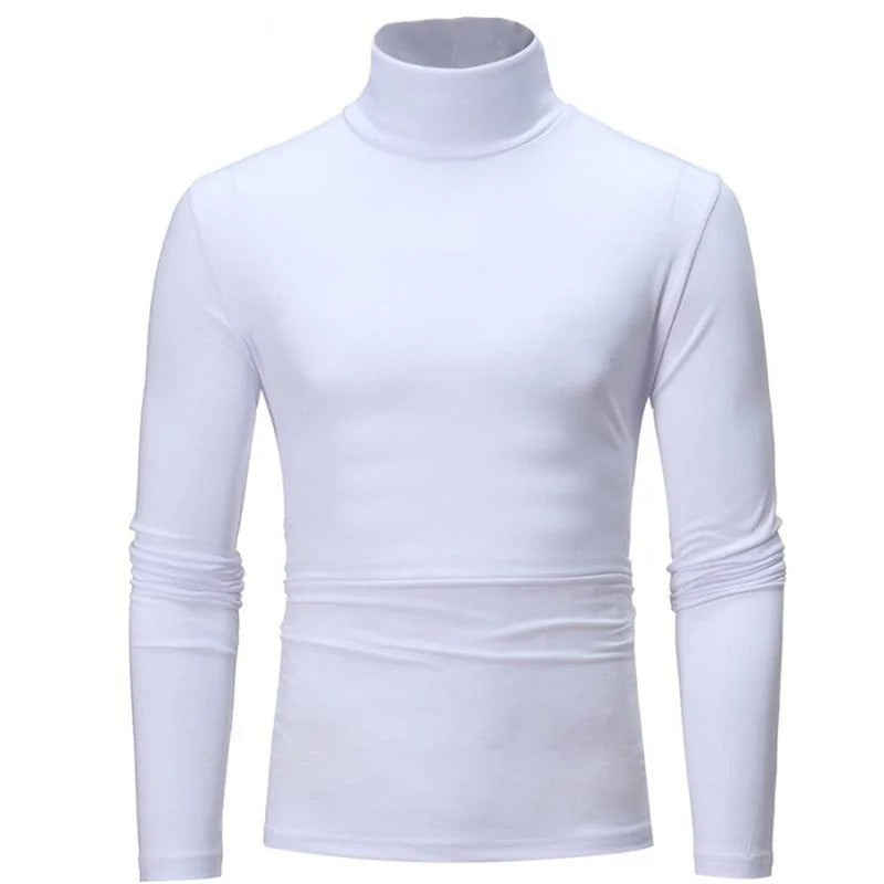 Weißes Langarmshirt mit Stehkragen in der Frontansicht, flach auf hellem Hintergrund 2