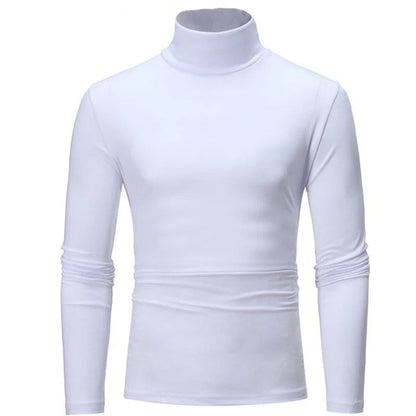 Weißes Langarmshirt mit Stehkragen in der Frontansicht, flach auf hellem Hintergrund 2
