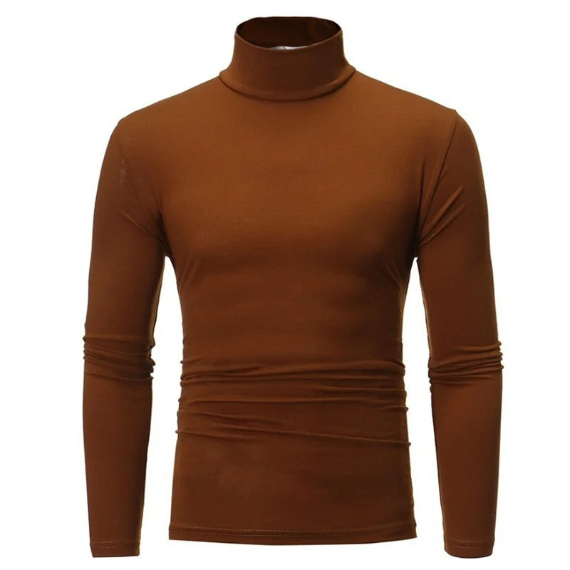 Braunes Langarmshirt mit Stehkragen in der Frontansicht, flach auf weißem Hintergrund 7