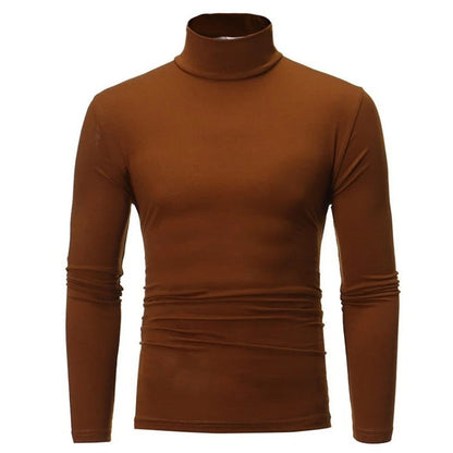 Braunes Langarmshirt mit Stehkragen in der Frontansicht, flach auf weißem Hintergrund 7