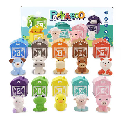 Bunte Peekaboo-Tierfiguren-Set mit nummerierten Häusern, Lernspielzeug für Kinder.