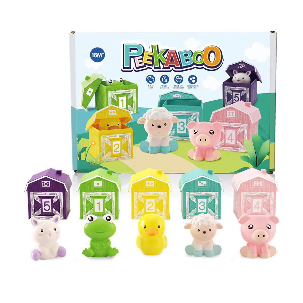 Bunte Peekaboo-Spielzeugtiere und nummerierte Häuschen, Lernspielzeug für Kleinkinder.