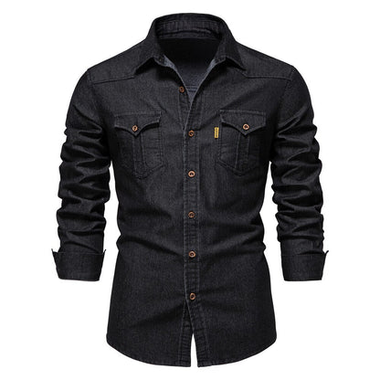 Schwarzes Jeanshemd für Herren, langärmelig, Knopfleiste, Freizeitmode, Baumwolle.