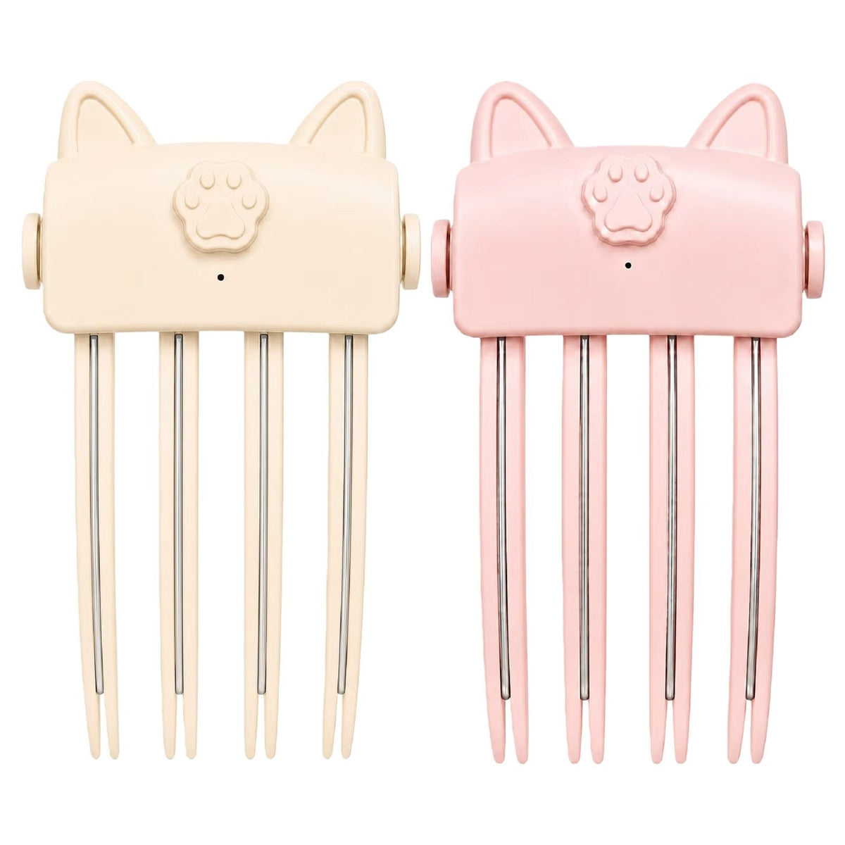 Zwei Styler mit Katzenohren und Pfotenknopf nebeneinander, links in Creme, rechts in Rosa 7