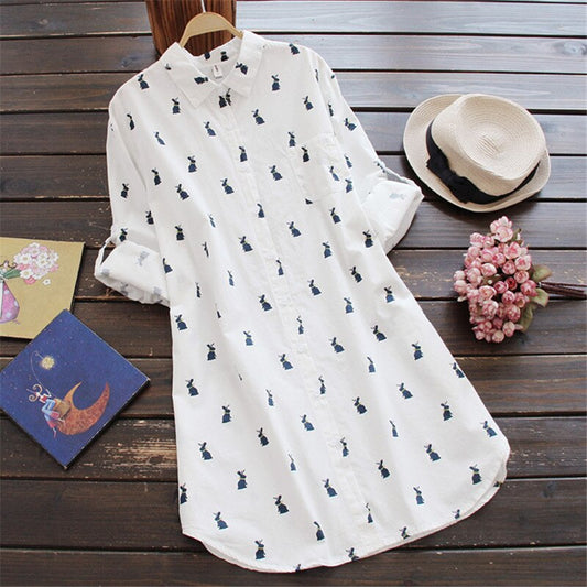 Hasenprint Shirtkleid Damen | Süß & bequem | Freizeit | Sommer | Knopfleiste-M-Luzern Mode