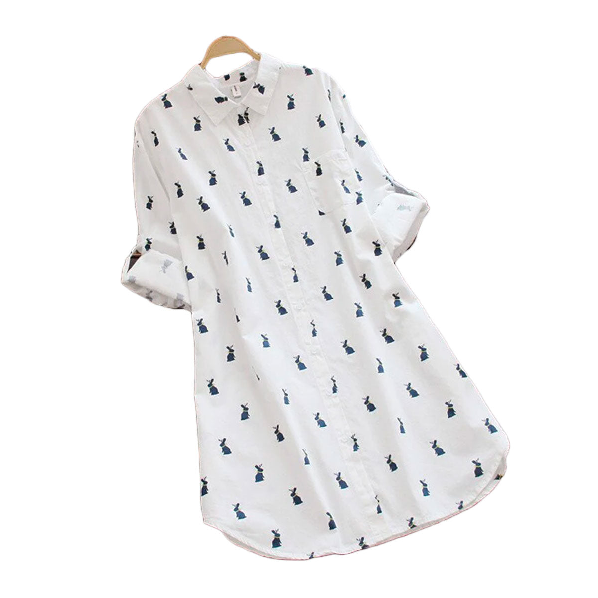 Hasenprint Shirtkleid Damen | Süß & bequem | Freizeit | Sommer | Knopfleiste-S-Luzern Mode