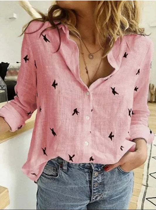 Damen Leinenbluse | Vintage | Lockere Schnitt | Floral | Lange Ärmel-Rosa-S-Luzern Mode