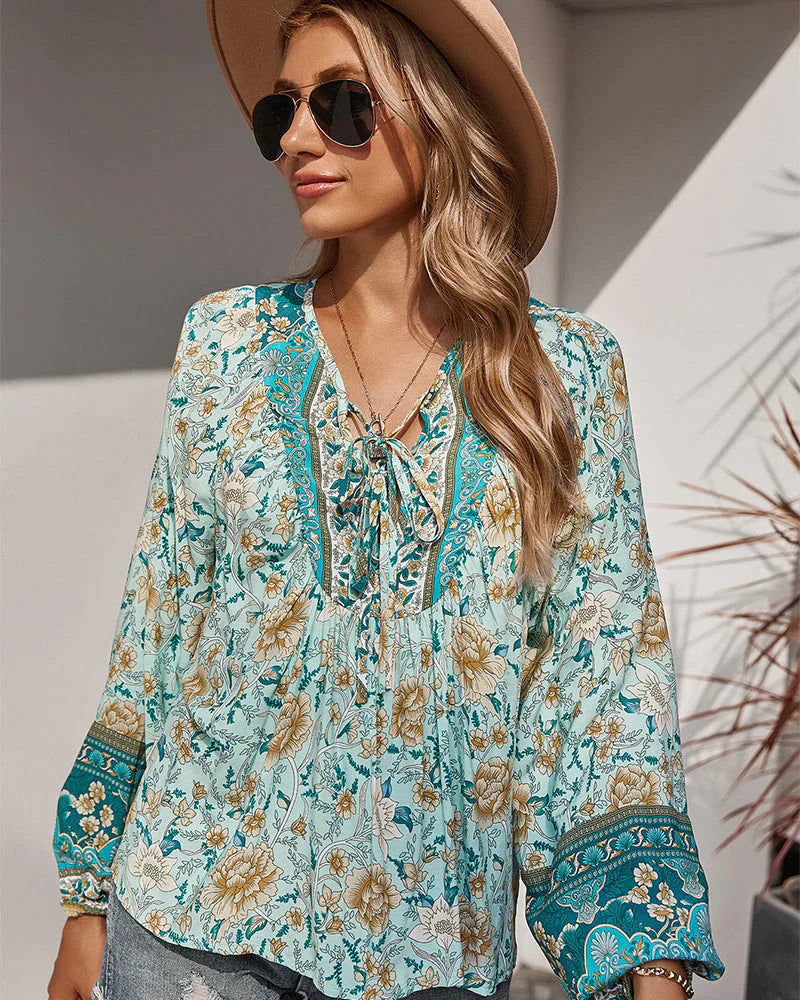 Boho Bluse Damen | Blumenprint | Luftig & langärmelig | Sommer Look | Vintage-Grün-S-Luzern Mode