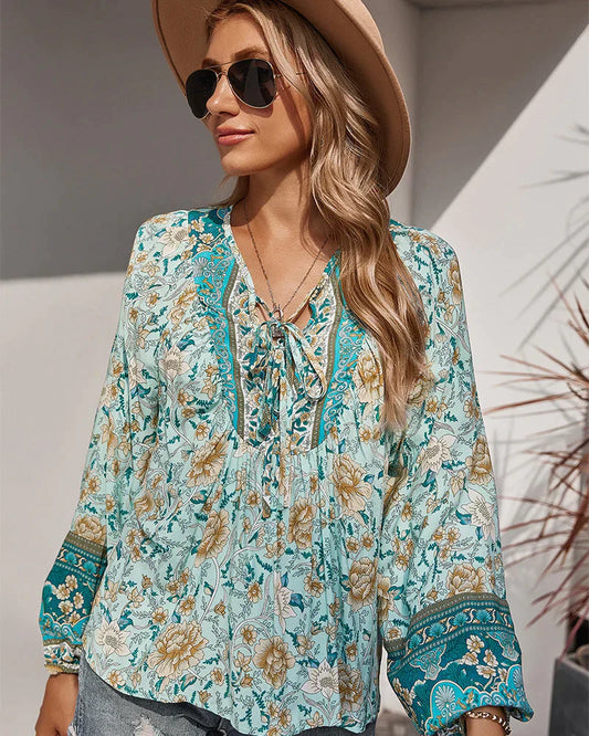 Boho Bluse Damen | Blumenprint | Luftig & langärmelig | Sommer Look | Vintage-Grün-S-Luzern Mode