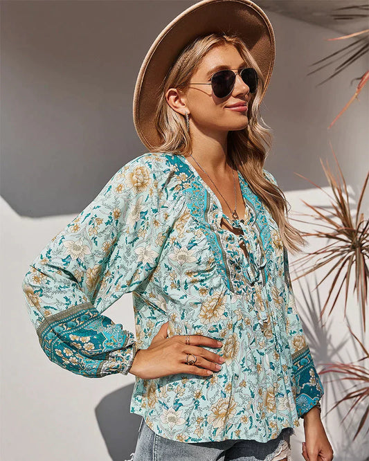 Boho Bluse Damen | Blumenprint | Luftig & langärmelig | Sommer Look | Vintage-Luzern Mode