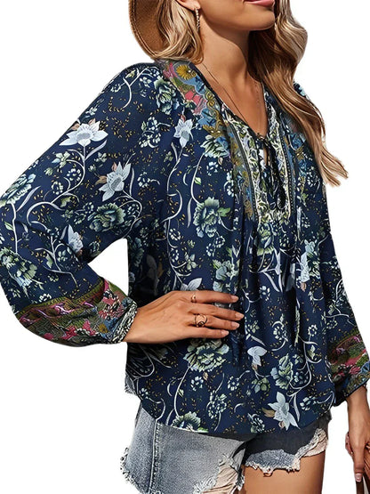 Boho Bluse Damen | Blumenprint | Luftig & langärmelig | Sommer Look | Vintage-Marineblau-S-Luzern Mode