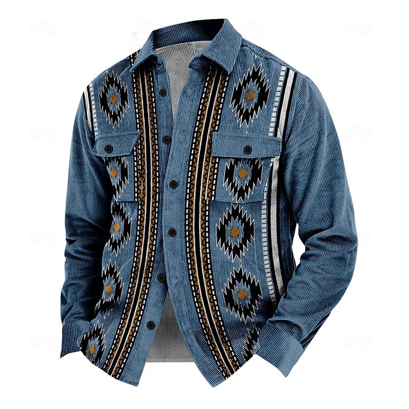 Herren Sommerjacke | Mit Knöpfen | Vintage | Stehkragen | Boho Print -Blau-S-Luzern Mode