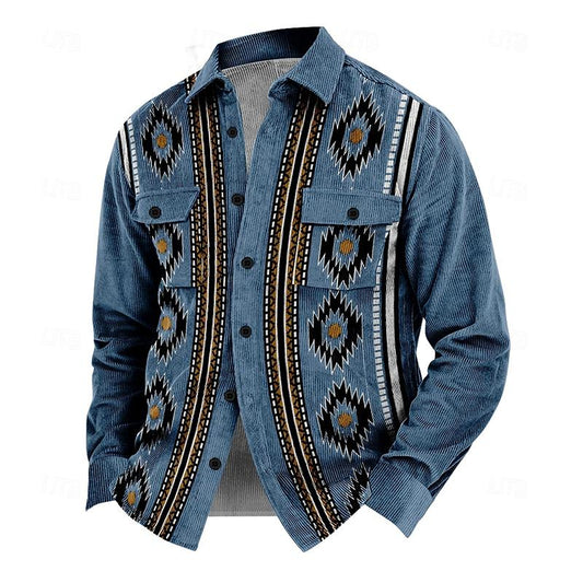 Herren Sommerjacke | Mit Knöpfen | Vintage | Stehkragen | Boho Print -Blau-S-Luzern Mode