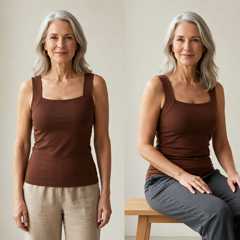 Zwei Aufnahmen derselben Frau im braunen Tanktop, links stehend mit Leinenhose, rechts sitzend auf einem Holzhocker. 5