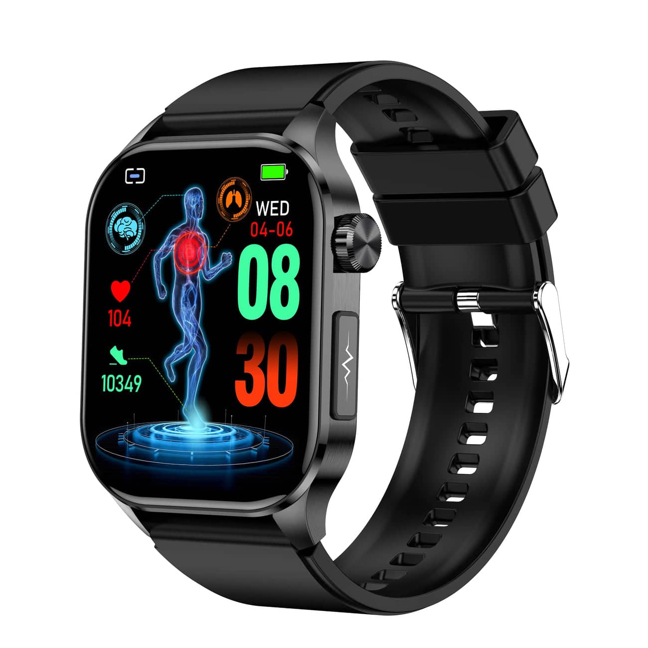 Schwarze Smartwatch mit Fitness-Tracking, Herzfrequenzanzeige und Schrittzähler.